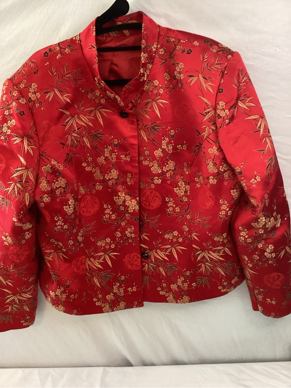 Red Floral Satiny Mandarin Collar Asian Inspired Jacket